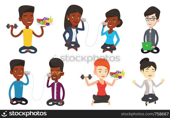 African-american sportsman holding fruits and dumbbell. Young sportsman choosing healthy lifestyle. Healthy lifestyle concept. Set of vector flat design illustrations isolated on white background.. Vector set of sport characters.