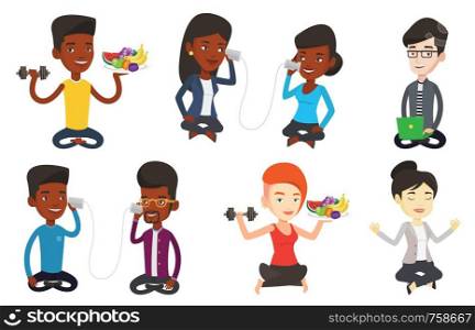 African-american sportsman holding fruits and dumbbell. Young sportsman choosing healthy lifestyle. Healthy lifestyle concept. Set of vector flat design illustrations isolated on white background.. Vector set of sport characters.