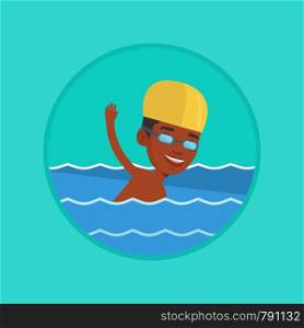 African-american sportsman in cap and glasses swimming in pool. Young swimmer in swimming pool. Man swimming forward crawl style. Vector flat design illustration in the circle isolated on background.. Man swimming vector illustration.