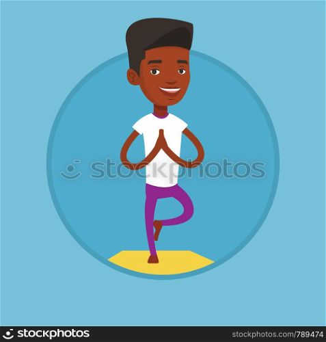 African-american sportsman meditating in yoga tree position. Sportsman standing in yoga tree pose. Young man doing yoga on the mat. Vector flat design illustration in the circle isolated on background. Man practicing yoga tree pose vector illustration.