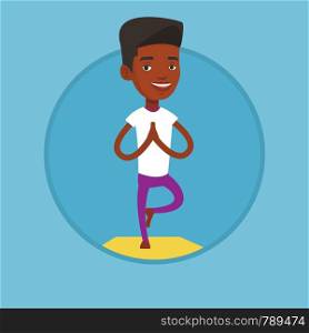 African-american sportsman meditating in yoga tree position. Sportsman standing in yoga tree pose. Young man doing yoga on the mat. Vector flat design illustration in the circle isolated on background. Man practicing yoga tree pose vector illustration.