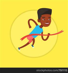 African-american sportsman running through finish line. Cheerful winner crossing finish line. Sprinter breaking the finish line. Vector flat design illustration in the circle isolated on background.. Athlete crossing finish line vector illustration.