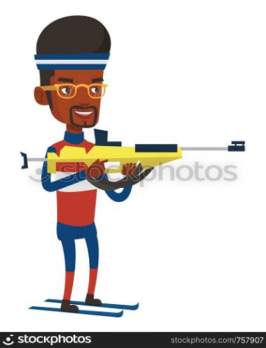 African-american sportsman taking part in ski biathlon competition. Biathlon runner aiming at the target. Biathlon shooter with a weapon. Vector flat design illustration isolated on white background.. Cheerful biathlon runner aiming at the target.