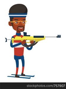 African-american sportsman taking part in ski biathlon competition. Biathlon runner aiming at the target. Biathlon shooter with a weapon. Vector flat design illustration isolated on white background.. Cheerful biathlon runner aiming at the target.