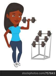 African-american sportswoman doing exercise with dumbbell. Woman lifting a heavy weight dumbbell. Weightlifter holding dumbbell in the gym. Vector flat design illustration isolated on white background. Woman lifting dumbbell vector illustration.