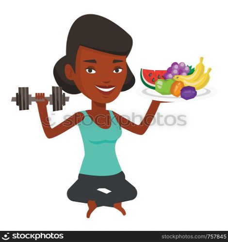 African-american sportswoman holding healthy fruits and dumbbell. Young happy woman choosing healthy lifestyle. Healthy lifestyle concept. Vector flat design illustration isolated on white background.. Healthy woman with fruits and dumbbell.