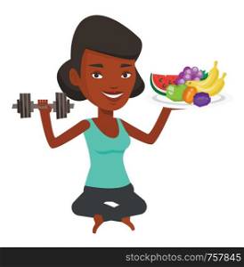 African-american sportswoman holding healthy fruits and dumbbell. Young happy woman choosing healthy lifestyle. Healthy lifestyle concept. Vector flat design illustration isolated on white background.. Healthy woman with fruits and dumbbell.