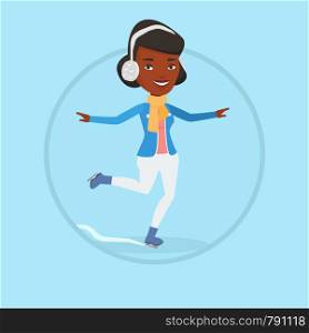 African-american sportswoman ice skating. Young smiling woman ice skating. Woman at skating rink. Figure skater posing on skates. Vector flat design illustration in the circle isolated on background.. Woman ice skating vector illustration.