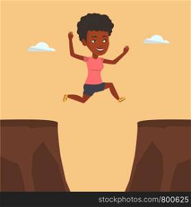 African-american sportswoman jumping across the gap from one rock to another. Happy sportswoman jumping over rocks with gap. Young sportswoman jumping. Vector flat design illustration. Square layout.. Sportswoman jumping over cliff vector illustration