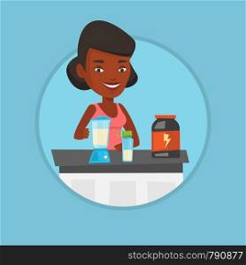 African-american sportswoman making protein shake using blender. Woman preparing protein cocktail of bodybuilding food supplements. Vector flat design illustration in the circle isolated on background. Young woman making protein cocktail.