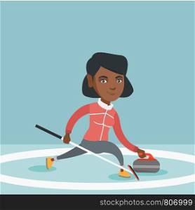 African-american sportswoman playing curling on a skating rink with stone and broom. Young curling player sliding on the ice and delivering a stone. Vector cartoon illustration. Square layout.. Sportswoman playing curling on a skating rink.