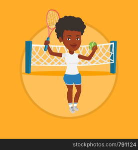 African-american sportswoman playing tennis. Young tennis player standing on the court. Tennis player holding a racket and a ball. Vector flat design illustration in the circle isolated on background.. Female tennis player vector illustration.