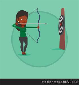 African-american sportswoman practicing in archery. Sportive woman training with the bow. Archery player aiming with bow in hands. Vector flat design illustration in the circle isolated on background.. Archer training with the bow vector illustration.