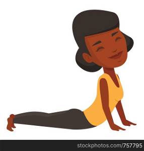 African-american sportswoman practicing yoga upward dog pose. Sportswoman meditating in yoga upward dog position. Sporty woman doing yoga. Vector flat design illustration isolated on white background.. Woman practicing yoga upward dog pose.