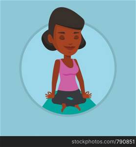 African-american sportswoman relaxing in the yoga lotus position. Woman meditating in yoga lotus pose. Woman doing yoga on the mat. Vector flat design illustration in the circle isolated on background. Woman meditating in yoga lotus pose.