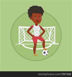 African-american sportswoman standing with football ball on the stadium. Football player standing with a soccer ball on the field. Vector flat design illustration in the circle isolated on background.. Football player with ball vector illustration.