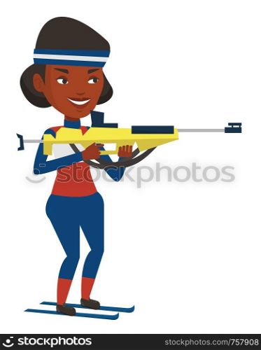 African-american sportswoman taking part in ski biathlon competition. Biathlon runner aiming at the target. Biathlon shooter with a weapon. Vector flat design illustration isolated on white background. Cheerful biathlon runner aiming at the target.