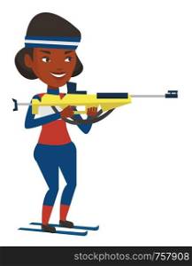 African-american sportswoman taking part in ski biathlon competition. Biathlon runner aiming at the target. Biathlon shooter with a weapon. Vector flat design illustration isolated on white background. Cheerful biathlon runner aiming at the target.