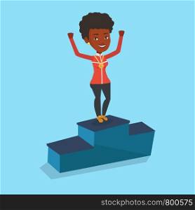 African-american sportswoman with gold medal and raised hands standing on the winners podium. Woman celebrating on the winners podium. Winner concept. Vector flat design illustration. Square layout.. Sportswoman celebrating on the winners podium.