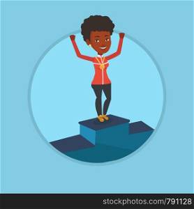 African-american sportswoman with medal and raised hands standing on the winners podium. Woman celebrating on the winners podium. Vector flat design illustration in the circle isolated on background.. Sportswoman celebrating on the winners podium.