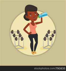 African-american sporty woman drinking water. Woman standing with bottle of water in the gym. Smiling sportswoman drinking water. Vector flat design illustration in the circle isolated on background.. Sportive woman drinking water vector illustration.