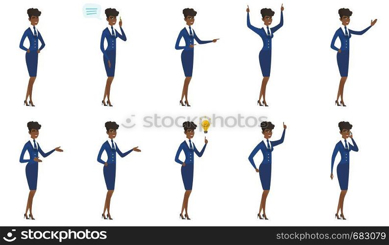African-american stewardess pointing at idea light bulb. Full length of stewardess having a creative idea. Successful idea concept. Set of vector flat design illustrations isolated on white background. Vector set of stewardess characters.