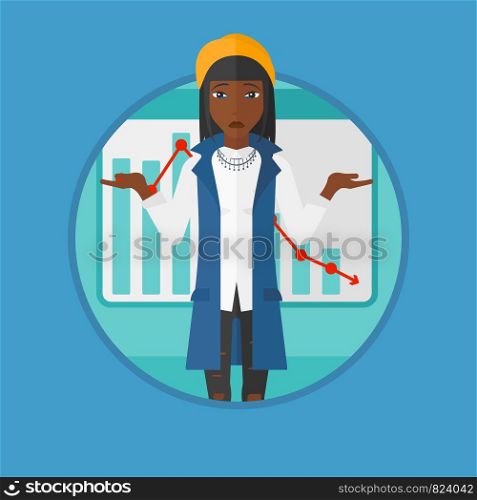 African-american stressed business woman with spread arms standing on a background of decreasing chart. Business bankruptcy concept.Vector flat design illustration in the circle isolated on background. Woman with decreasing chart vector illustration.