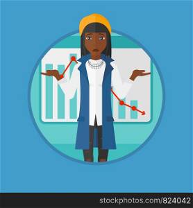 African-american stressed business woman with spread arms standing on a background of decreasing chart. Business bankruptcy concept.Vector flat design illustration in the circle isolated on background. Woman with decreasing chart vector illustration.