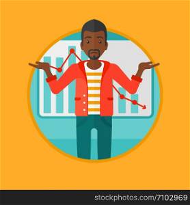 African-american stressed businessman with spread arms standing on a background of decreasing chart. Business bankruptcy concept. Vector flat design illustration in the circle isolated on background.. Man with decreasing chart vector illustration.