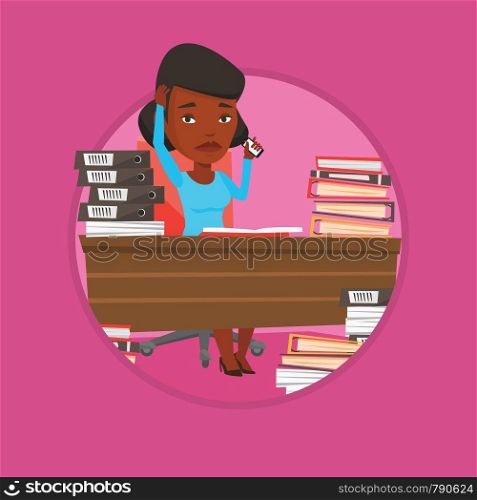 African-american stressed office worker. Overworked woman feeling stress from work. Stressful employee sitting at workplace. Vector flat design illustration in the circle isolated on background.. Despair business woman working in office.