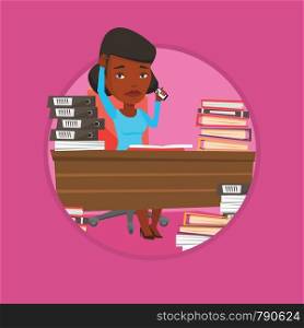 African-american stressed office worker. Overworked woman feeling stress from work. Stressful employee sitting at workplace. Vector flat design illustration in the circle isolated on background.. Despair business woman working in office.