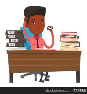 African-american stressed office worker sitting at workplace. Overworked office worker feeling stress from work. Stress at work concept. Vector flat design illustration isolated on white background.. Stressed business man working in office.