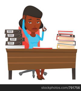 African-american stressed office worker sitting at workplace. Overworked office worker feeling stress from work. Stress at work concept. Vector flat design illustration isolated on white background.. Stressed business woman working in office.