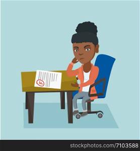 African-american student disappointed by test with F grade. Sad student looking at test paper with bad mark. Student dissatisfied with the test results. Vector cartoon illustration. Square layout.. Sad student looking at test paper with bad mark.