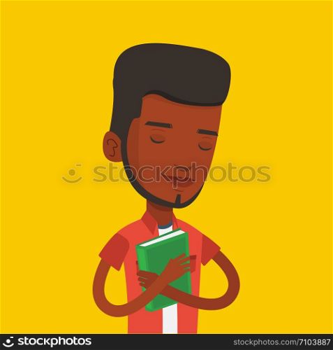African-american student hugging her book. Happy joyful student likes read books. Peaceful student with eyes closed holding a book. Concept of education. Vector flat design illustration. Square layout. Student hugging his book vector illustration.