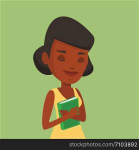 African-american student hugging her book. Happy joyful student likes read books. Peaceful student with eyes closed holding a book. Concept of education. Vector flat design illustration. Square layout. Student hugging her book vector illustration.