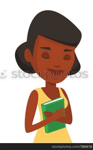 African-american student likes read books. Student hugging her book. Happy student with eyes closed holding a book. Concept of education. Vector flat design illustration isolated on white background.. Student hugging her book vector illustration.
