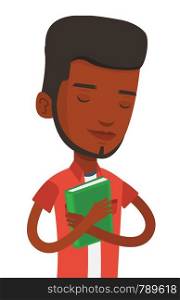 African-american student likes read books. Student hugging his book. Happy student with eyes closed holding a book. Concept of education. Vector flat design illustration isolated on white background.. Student hugging his book vector illustration.