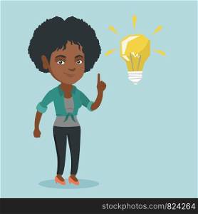 African-american student pointing finger up at the glowing idea lightbulb. Young excited student with bright idea lightbulb. Student having a great idea. Vector cartoon illustration. Square layout.. Young african student pointing at idea lightbulb.