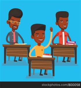 African-american student raising hand in the classroom for an answer. Student sitting at the desk with raised hand. Schoolboy raising his hand at lesson. Vector flat design illustration. Square layout. Student raising hand in class for an answer.