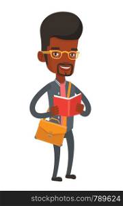 African-american student reading a book. Cheerful male student reading a book and preparing for exam. Student standing with book in hands. Vector flat design illustration isolated on white background. Student reading book vector illustration.