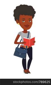 African-american student reading a book. Cheerful student reading a book and preparing for exam. Student standing with book in hands. Vector flat design illustration isolated on white background. Student reading book vector illustration.