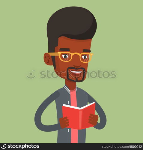 African-american student reading a book. Cheerful student reading a book and preparing for exam. Student holding a book in hands. Concept of education. Vector flat design illustration. Square layout.. Student reading book vector illustration.