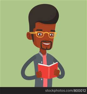 African-american student reading a book. Cheerful student reading a book and preparing for exam. Student holding a book in hands. Concept of education. Vector flat design illustration. Square layout.. Student reading book vector illustration.