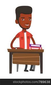 African-american student sitting at the desk with pile of books. Smiling student sitting at school lesson. Student sitting in classroom. Vector flat design illustration isolated on white background.. African-american student sitting at the desk.