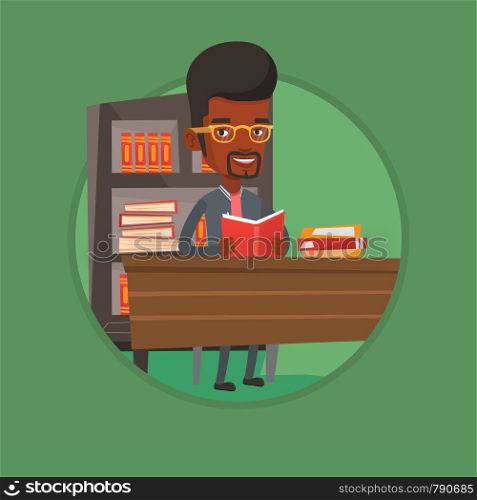African-american student sitting at the table and holding a book in hands. Cheerful student reading a book and preparing for exam. Vector flat design illustration in the circle isolated on background.. Student reading book vector illustration.