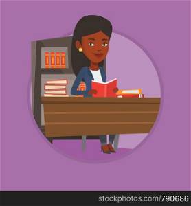 African-american student sitting at the table and holding a book in hands. Cheerful student reading a book and preparing for exam. Vector flat design illustration in the circle isolated on background.. Student reading book vector illustration.