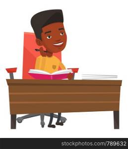African-american student sitting at the table and thinking. Thinking student writing in exercise book. Thinking student doing homework. Vector flat design illustration isolated on white background.. Student writing at the desk vector illustration.