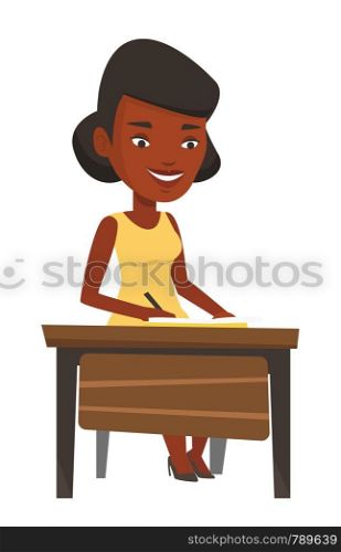 African-american student sitting at the table and writing. Young smiling student writing in exercise book. Happy student doing homework. Vector flat design illustration isolated on white background.. Student writing at the desk vector illustration.