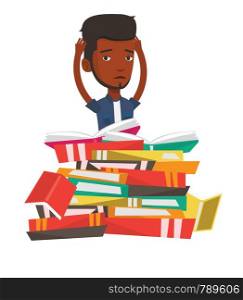 African-american student sitting in huge pile of books. Tired student read up for examinations with books. Stressed student reading books. Vector flat design illustration isolated on white background.. Student sitting in huge pile of books.